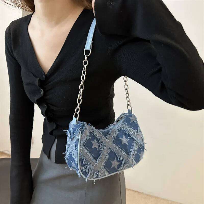Casual Star Denim Shoulder Bags for Women Plaid Tassel Cool Hot Girls Underarm Phone Bag Fashion Versatile Female Handbags Y260205