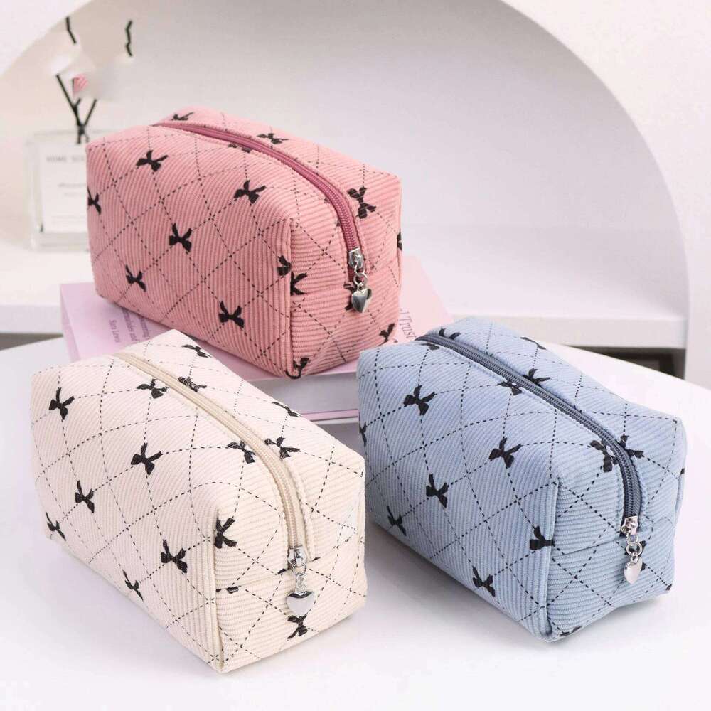 Fashion Bow Women Corduroy Makeup Storage Large Capacity Travel Organizer Cosmetic Pouch Small Handbag Zipper Clutch Bag Y260206