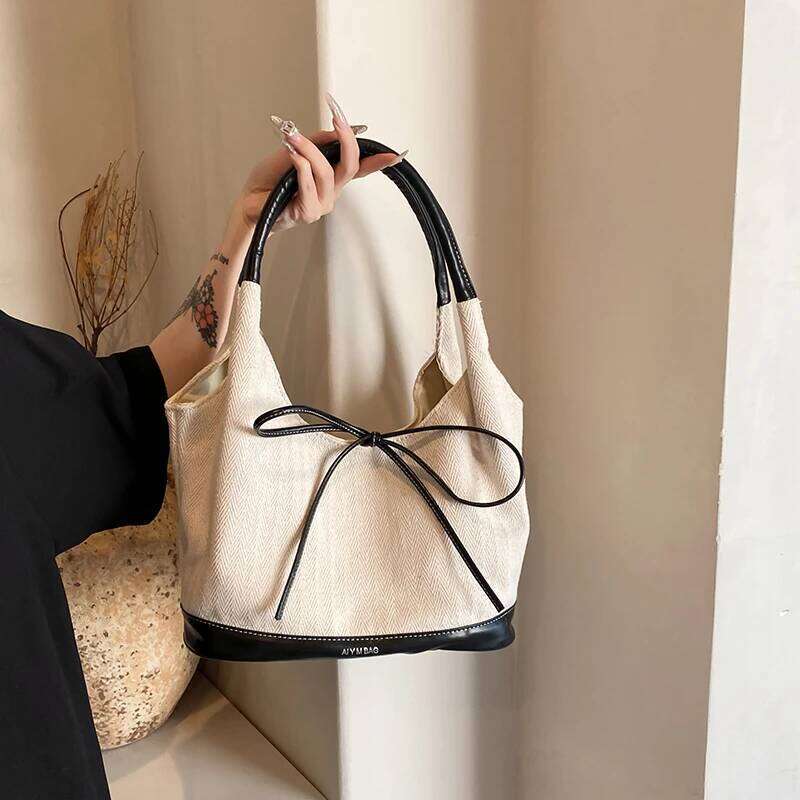 Contrast Color Tote Large Capacity Fashion Handbag with Bow Decoration Top Handle Bag for Women Work Shopping Travel Y260205