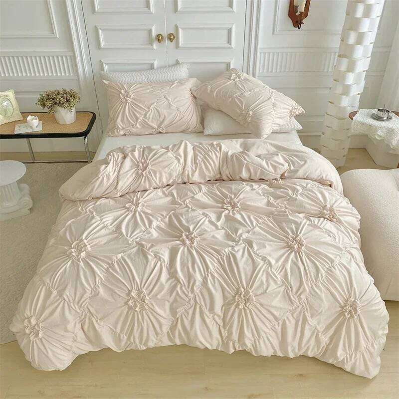 Three-dimensional Pinch Pleated Crafts Double Duvet 220x240 Solid Twist Flowers King Size Bedding Quilt Cover Set XJ260206