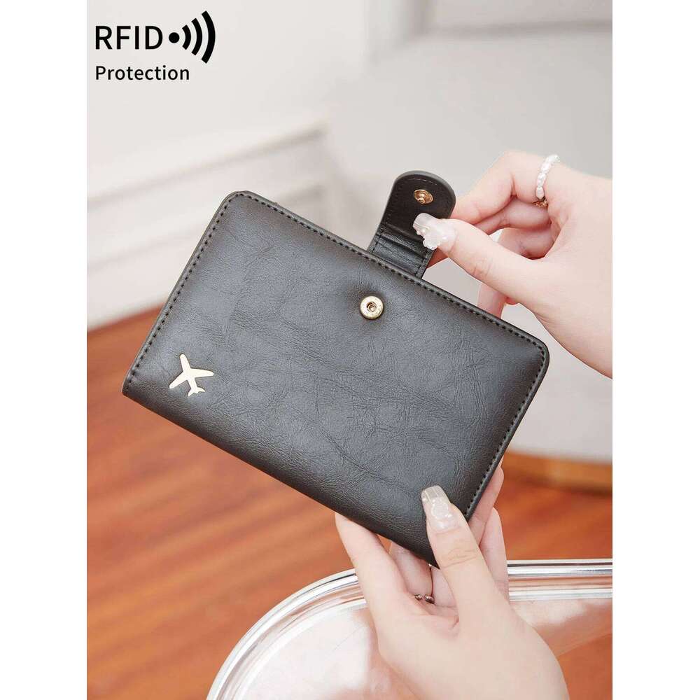 RFID shielded passport solid color PU leather credit card wallet multifunctional portable airplane pattern ticket holder Y260206