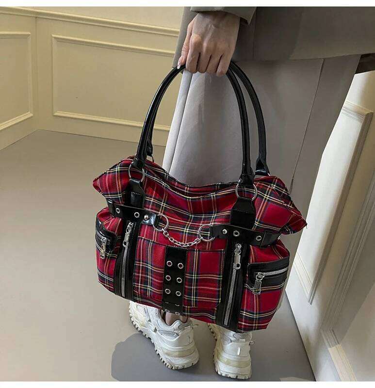 SHELKSBAG Punk Plaid Shoulder Bag Rise Up Gothic Alternative Handcuff Top Handle Tote Women 2025 Trendy New in Crossbody Bags Z260207 - view 3