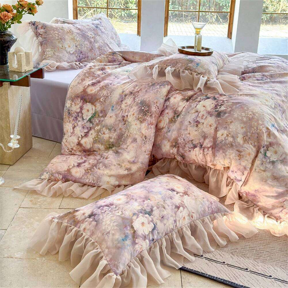 Pink Flower Bedding Soft Bedroom Decor Comforter Ruffles Duvet Cover Pillowcase Bed Sheet Luxury Home Four Pieces Set XJ260206