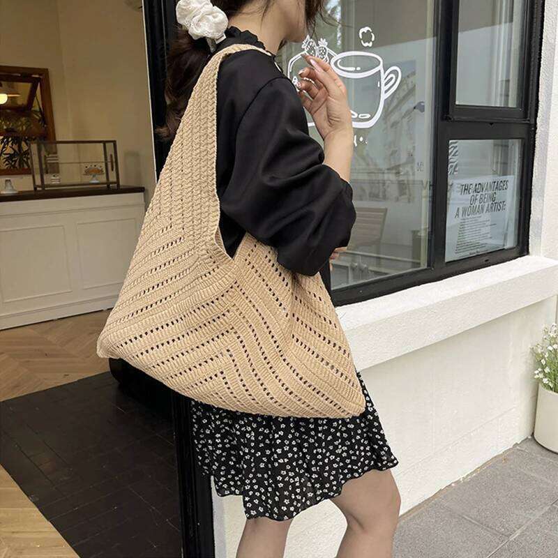 Women's Handmade Crochet Tote Large Capacity Knitted Trendy Summer Beach Shoulder Bag Designer Hollow out Handbag in Khaki Y260205