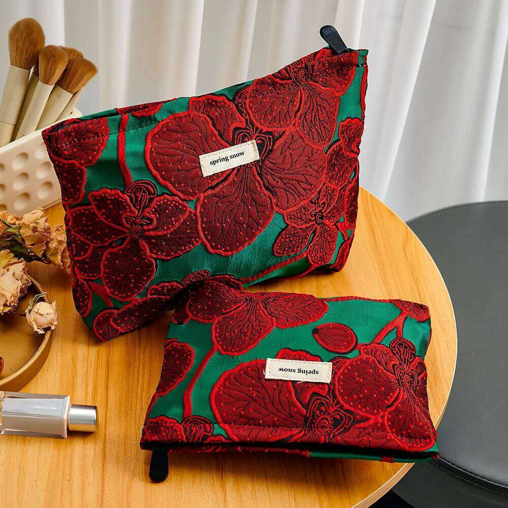 Red Flower Fashion Canvas Women Cosmetic Handbag Travel Organizer Toiletry Makeup Pouch Ladies Make Up Bag For Gift Y260206