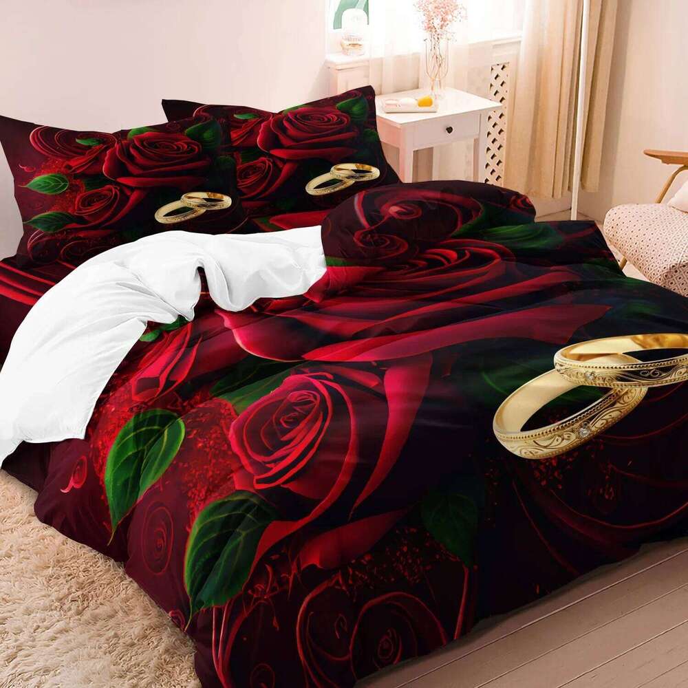 3pcs- Valentine's Day Romantic Rose Love Theme Letter Pattern Duvet Cover Set Suitable for Bedroom, Guest Room - XJ260206