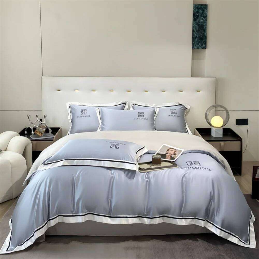 Embroidery Four-Piece Washed Ice Silk Bedding Smooth Sleeping Naked Summer Luxury Duvet Cover Set Bed Sheet Pillowcases XJ260206