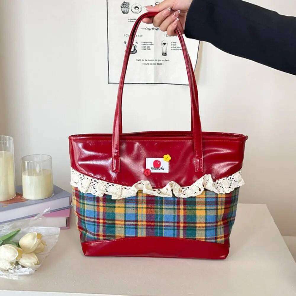 Retro Lattice Lace Bow Shoulder Rural Style Lovely Denim Plaid Handbag Leisure Vintage Commuting Tote Bag Women Y260205