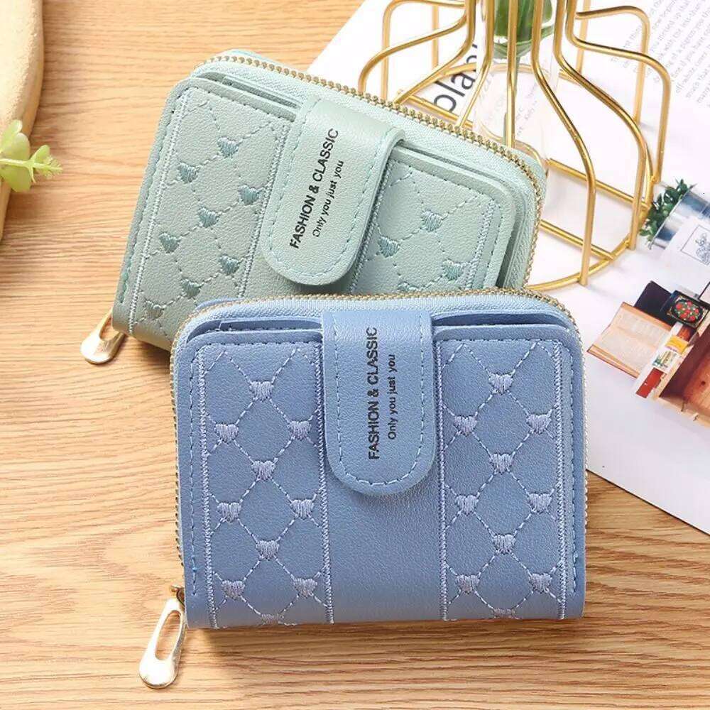 Versatile Embroidery Card Holder Heart Zipper Short Wallet Leather Large Capacity Female Bag Women Y260206
