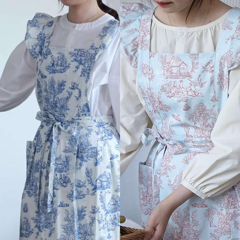 Long Print Water-resistant Cotton Ruffled Kitchen Apron with Pockets Women Cross-back Pinafore for Cooking Baking Gardening S260205 447