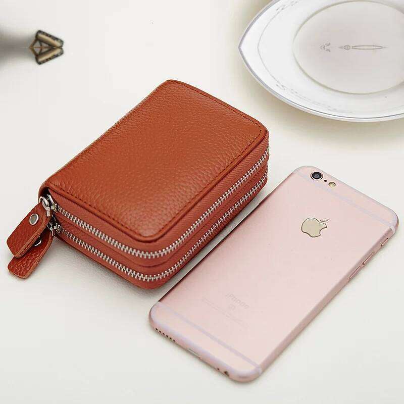 Genuine Men & Women Mini Short Wallet Cow Leather Coin Purse Solid Holder Accordion Card Slots Double Zipper Pocket Y260206