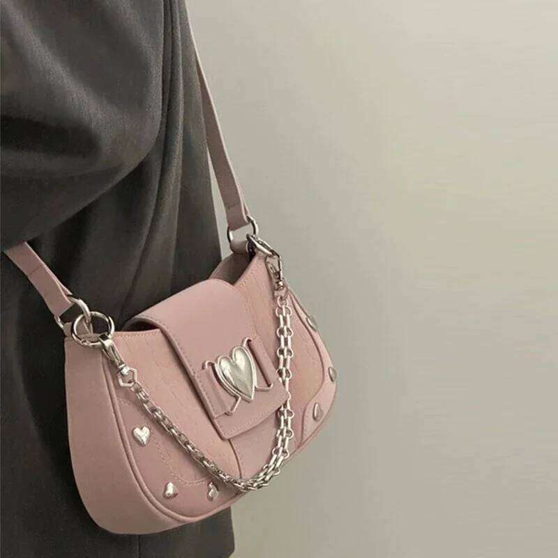 Woman's Bags Pink Single Shoulder Metal Chain Heart Decoration Y2K Style Underarm Bag Loveliness Lady Fashion Handbags Y260205