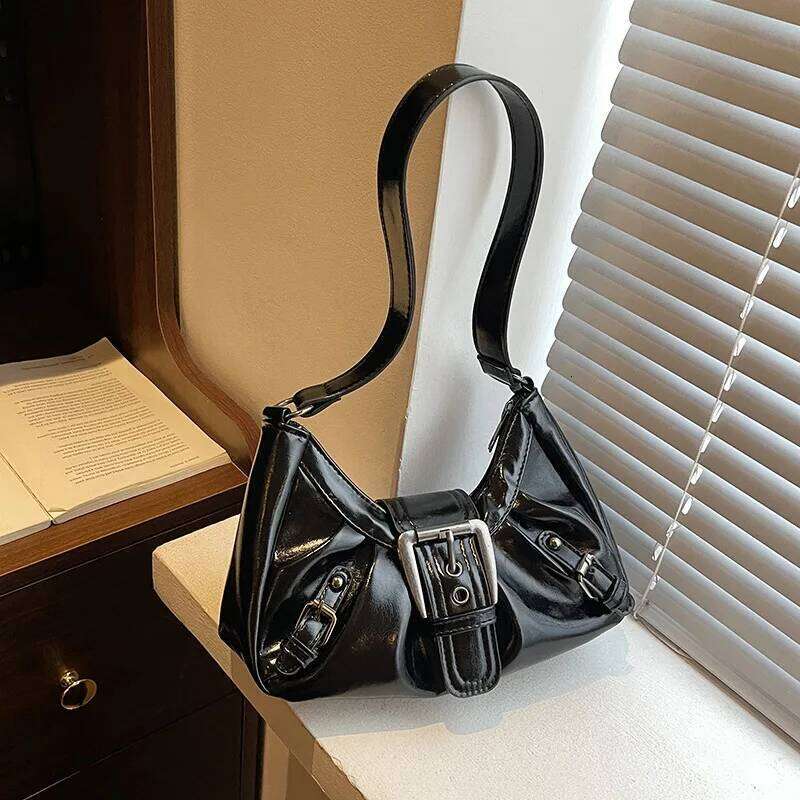Belt Pleated Design Women PU Leather Shoulder Bags Y2K Style Simple Ladies Underarm Bag Casual Trendy Female Handbags Purse Y260205