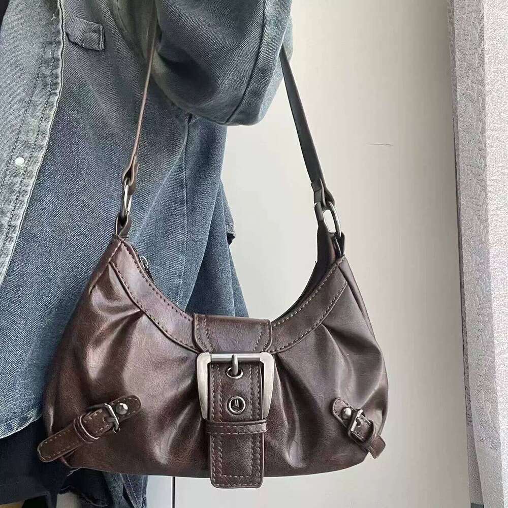 Bags Y2K Retro Style Maillard Pleated Rivet Armpit Bag, Fashionable Ladies Cool Leather Shoulder Bag Z260207 - view 5