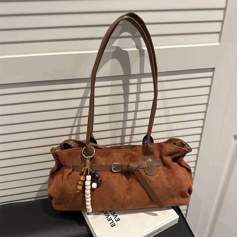 Vintage Belt Design Suede Shoulder Bags for Women Autumn Versatile Ladies Classic Handbags Large Capacity Female Tote Bag Y260205