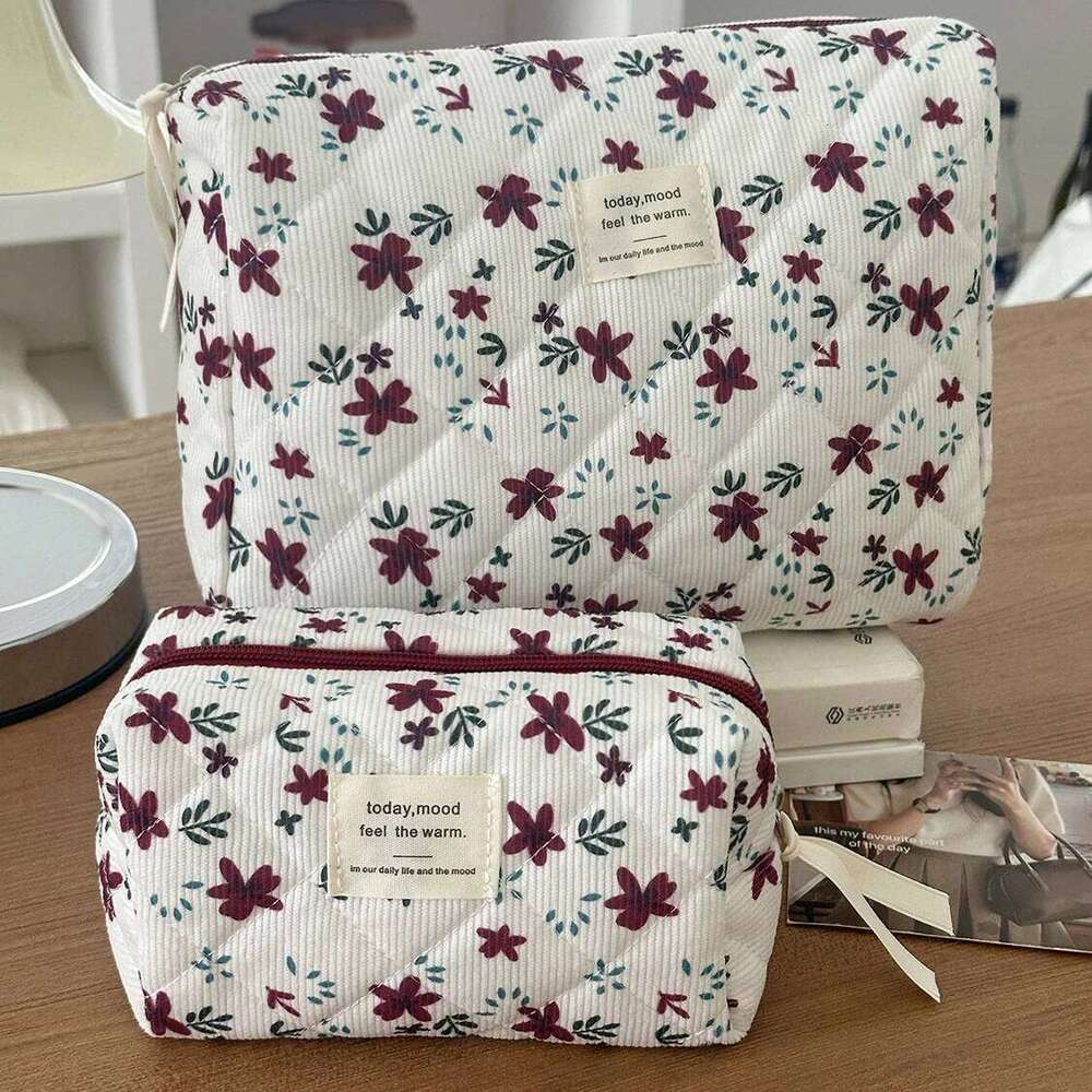 Fashion Red Floral Tote Women's Large Capacity Cosmetic Storage Handbag Ladies Corduroy Pouch Makeup Clutch Bag Y260206
