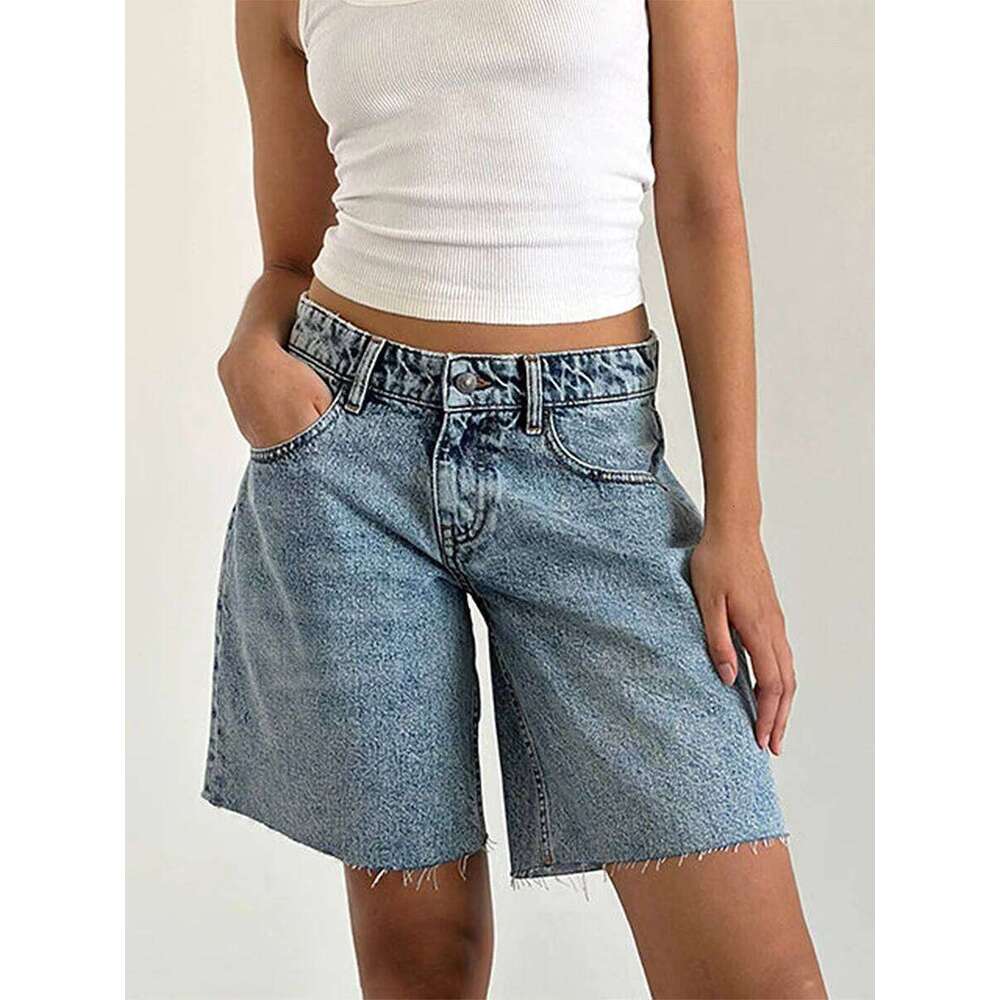 Women s High Waisted Distressed Denim with Frayed Hem and Pockets - Casual Vintage Bermuda Jean Shorts for Summer Beach XJ260206