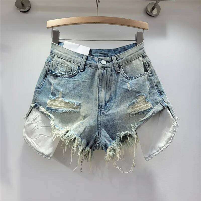 2026 Summer New Women's Pink Hole Denim High Waist Slimming Spicy Girl A-line Ragged Edge Shorts XJ260206