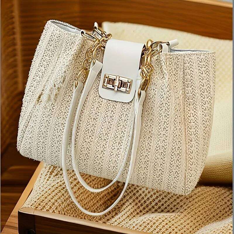 Chic Hand Straw Woven Tote Stylish Women Handbag with Chain Leather Shoulder Strap Fashion Shopping Travel Bag Y260205