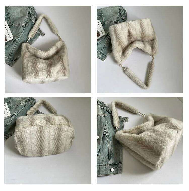 Luxury Faux Fur Women's Bucket Shoulder Bags Fashion Soft Plush Female Stripes Handbags Large Capacity Ladies Furry Tote Bag Y260205
