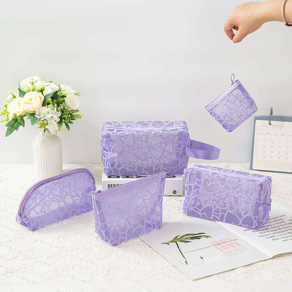 1Pc Fashion Heart Transparent Women Cosmetic Mini Portable Makeup Lipsticks Storage Pouch Handbag Mesh Nylon Zipper Bag Y260206