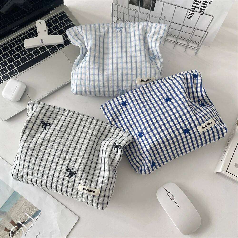Striped Plaid Embroidered Women Cosmetic Bag Portable Zipper Makeup Travel Organizer Female Toiletry Storage Pouch Y260206