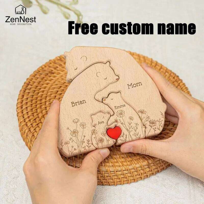 Artistic Wooden Little Bear Family Personalized Name Puzzles, Thanksgiving Christmas Gifts, Home Tabletop Decorations S260204