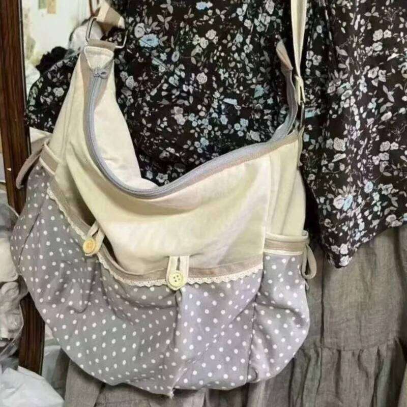 Japanese Retro Polka Dot Bow Tote Women Patchwork Large Capacity Shoulder Ladies Harajuku Sweet Cute Crossbody Bag Chic Y260205