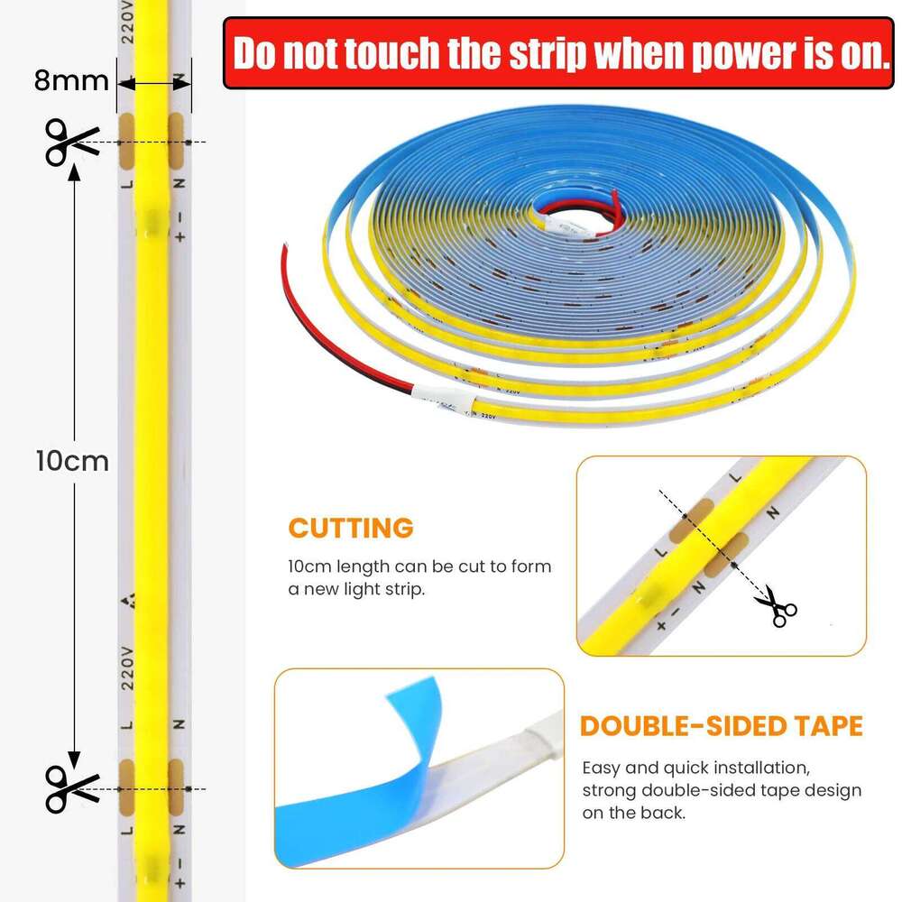 AC 220V COB Strip 240Leds/M 5M 10M 20M 50M/Roll Red/Green/Ice Blue/Pink/White/Purple Flexible Ribbon LED Light For Home Decor Z260206