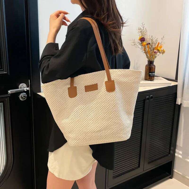 Portable Women's Beach Straw Bag Leisure Commuter Ladies Travel Shoulder Bags Solid Color Simple Female Large Capacity Handbag Y260205