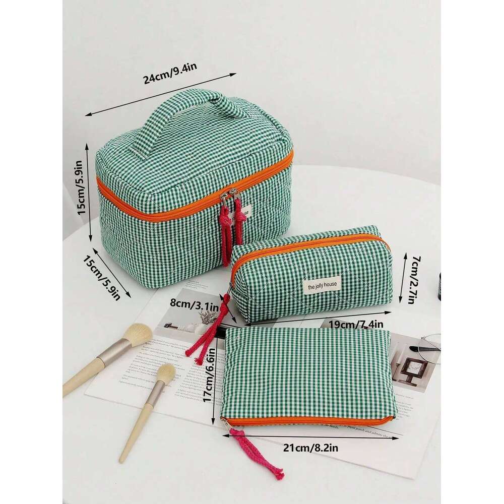 1Pc/Set Plaid Design Green Color with String Cosmetic Organizer Handbag Set For Home, Travel, Vacation And School Use Y260206