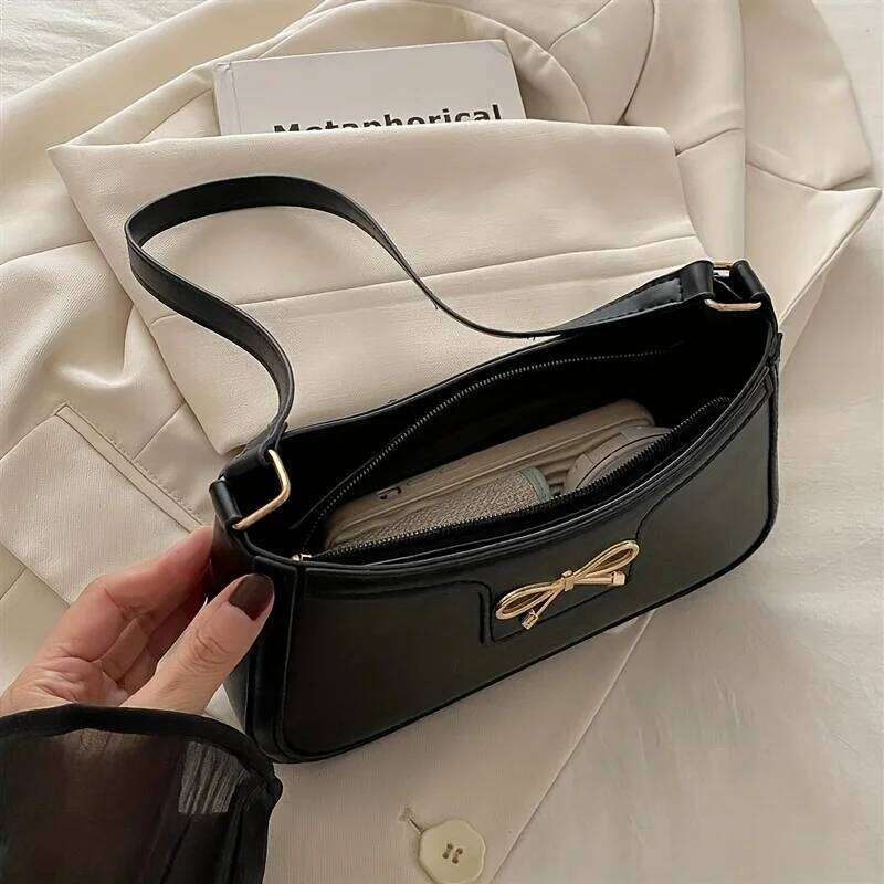 Chic Black Crescent Shoulder for Women Elegant Underarm Purse with GoldenTone Bow Detail Polyester Lined Stylish PU Tote Bag Y260205