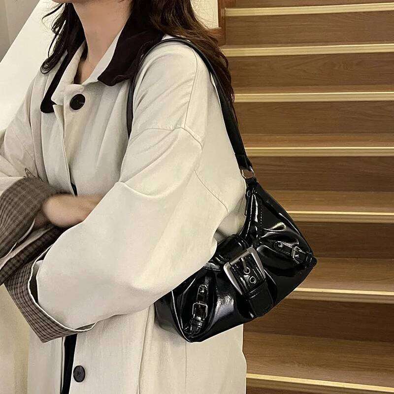 Belt Pleated Design Women PU Leather Shoulder Bags Y2K Style Simple Ladies Underarm Bag Casual Trendy Female Handbags Purse Y260205