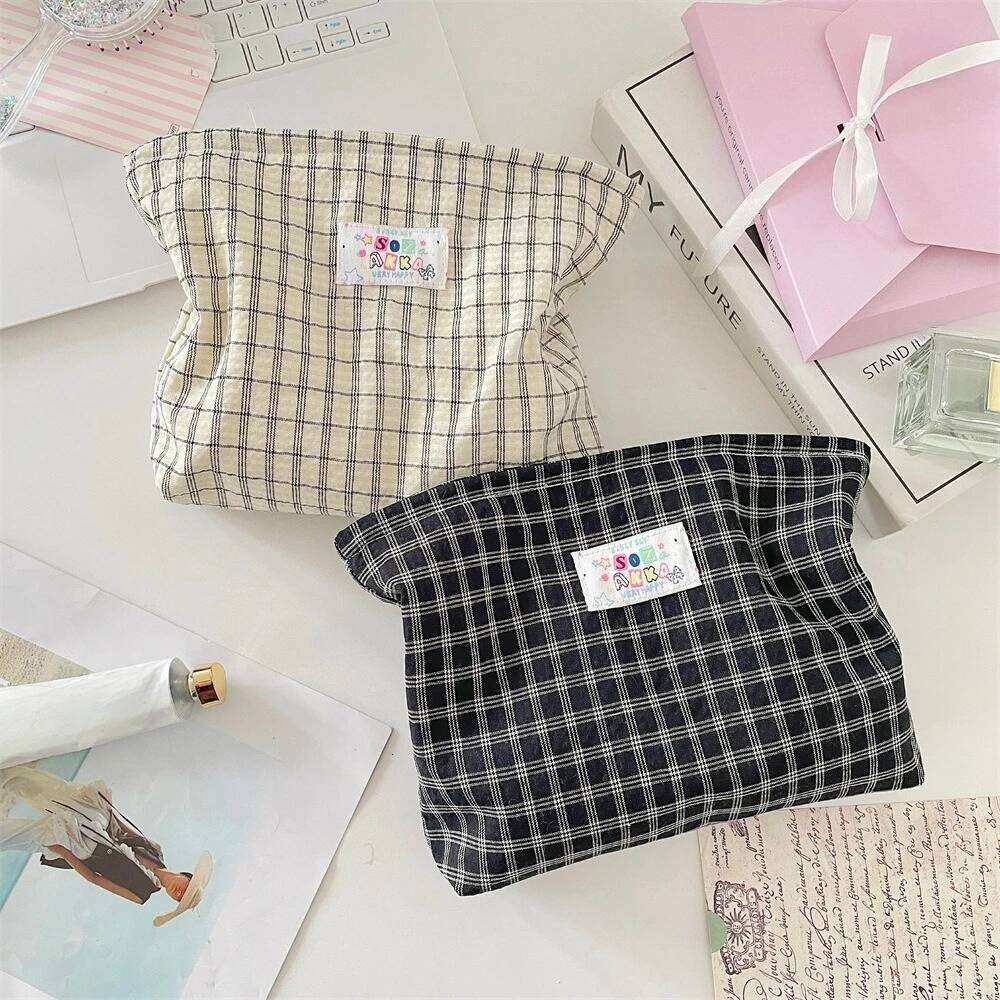 Fashion Plaid Cosmetic Portable Travel Toiletry Women Large Capacity Zipper Make Up Organizer Makeup Storage Bag Y260206