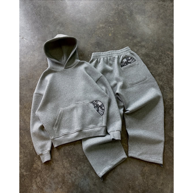 American Street Style Personality CD Pattern Pocket Design Hoodie and Sweatpants Set Y2K Trend 241031