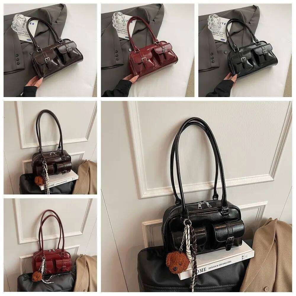 Korean PU Bowling Handbag Minority Design Pocket Boston Tote French Style Solid Color Underarm Bag Portable Y260205