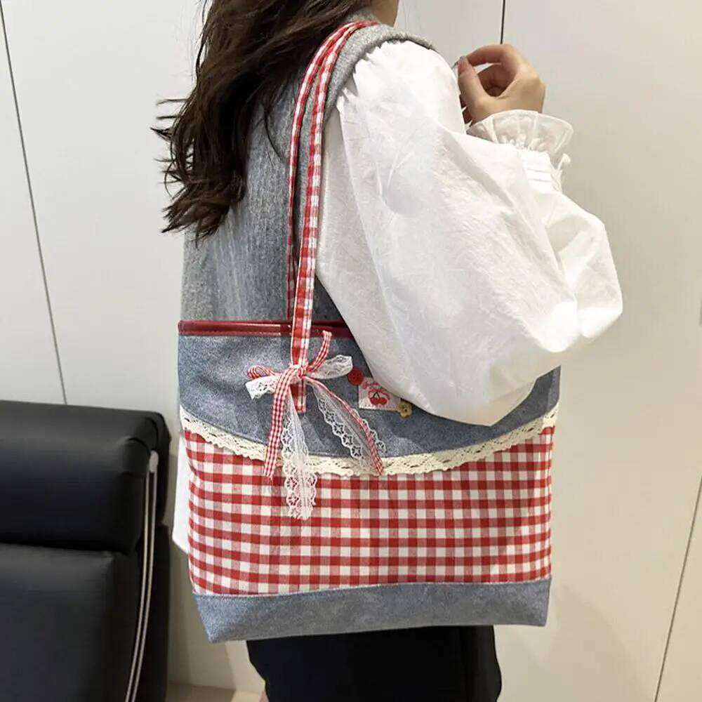 Retro Lattice Lace Bow Shoulder Lovely Rural Style Denim Plaid Handbag Leisure Vintage Commuting Tote Bag Women Z260207 - view 3