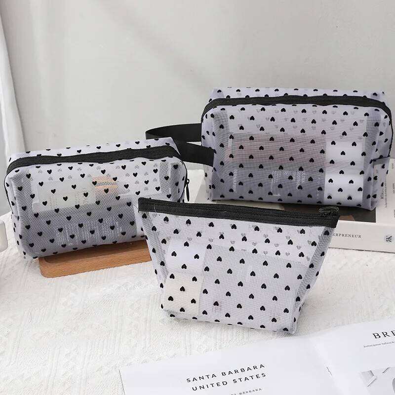 New Transparent Heart Mesh Makeup Portable Nylon Women Make Up Tool Storage Pouch Travel Organizer Cosmetic Clear Zipper Bag Y260206