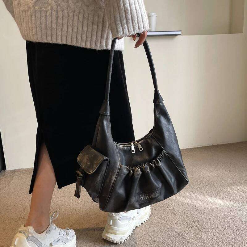 Distressed Vintage Shoulder Bags For Women Pleated Design Large Capacity Retro Hobo Bag 2024 Winter New Handbags Luxury Z260207 - view 6