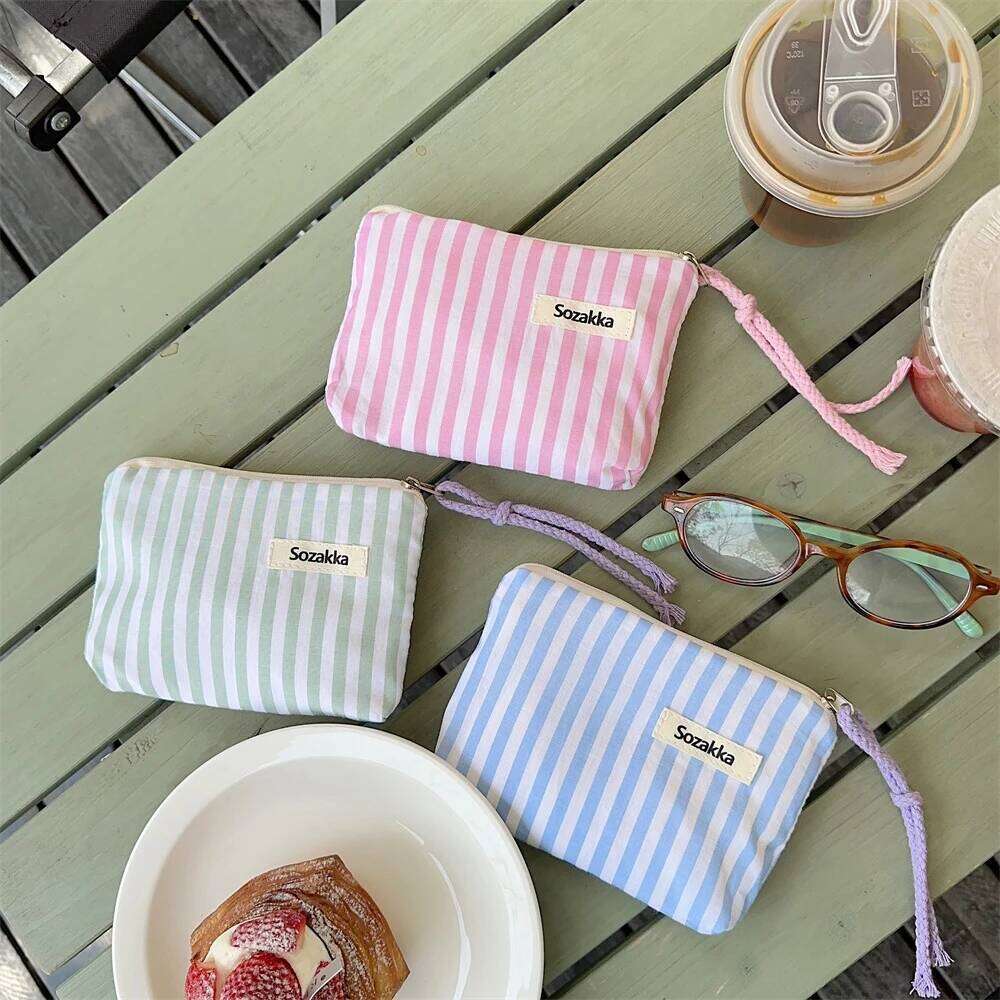 Small Cosmetic Make Up Bag Mini Canvas Striped Organizer Bags for Women Lipstick Makeup Children Cute Purse Coin Pouch Case Y260206