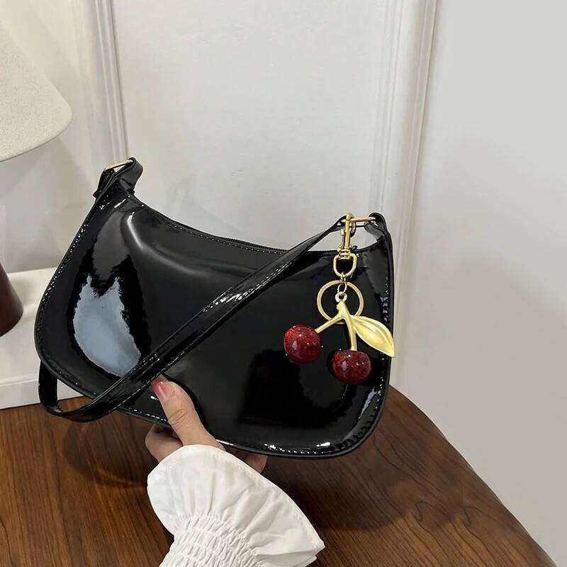 Glossy PU Leather Handbag Versatile Fashion Solid Color Cherry Pendant Shoulder Casual Commuting Tote Girls Underarm Bag Y260205