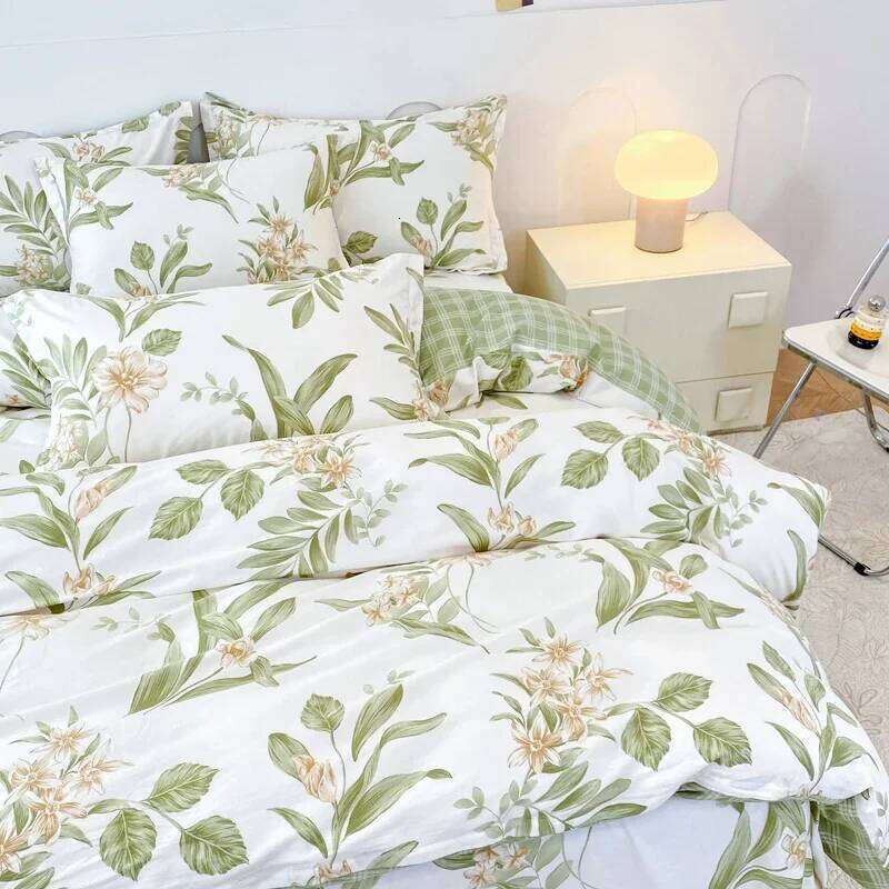 Garden Style Floral Duvet Cover 100% Cotton Boho Aesthetic Green Botanical Bedding Set with Colorful Flower Print Pattern 3Piece XJ260206
