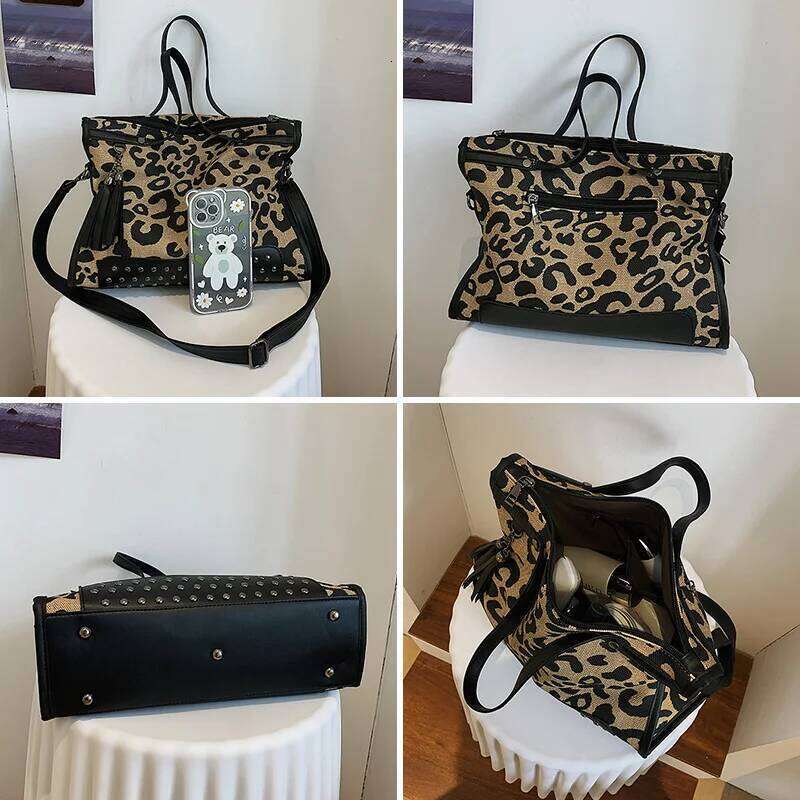 Fashion Leopard Pattern Shoulder For Women 2022 Retro Rivet Handbags Designer Leather Ladies Crossbody Bag Large Canvas Tote Y260205
