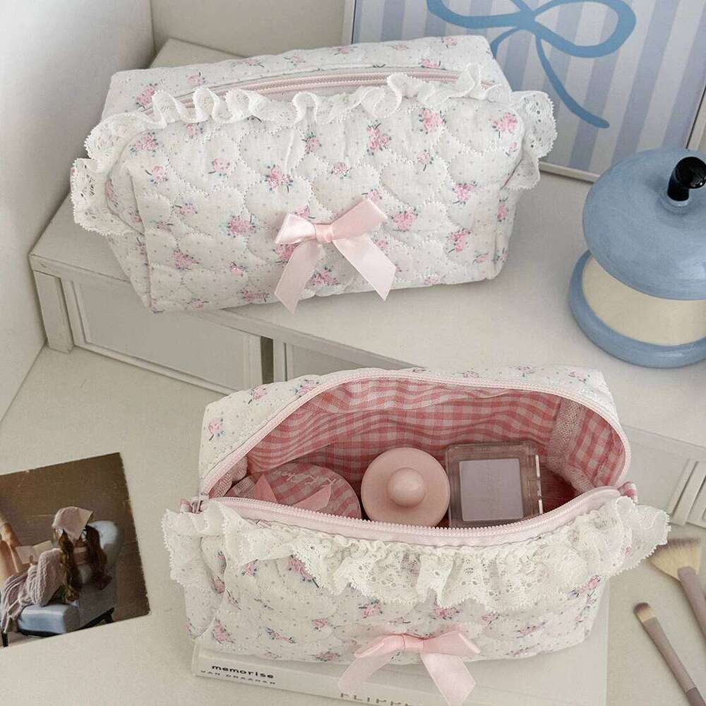 Pink Flower Women Lace Small Makeup Bag Travel Organizer Cosmetic Coins Handbag Pouch Gilrs Cute Bow Square Zipper Wallet Bags Y260206