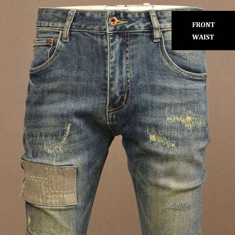 Y2KFashion New Patch Washed NostalgicY2K Stretch Slimming Retro Blue Jeans High Street Hip Hop Italian Pants Hombre X260207 - view 5