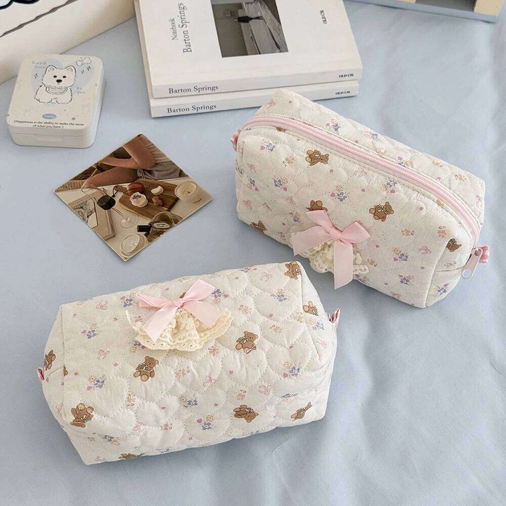 Cartoon Cute Bow Women Mini Cosmetic Portable Purse Makeup Toiletry Storage Pouch Handbag Bear Square Zipper Small Bag Y260206