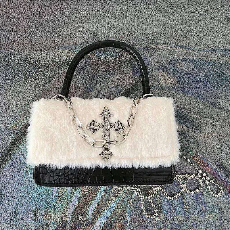 Y2k Gothic Handbag for Women Soft Plush Cross Applique Chain Shoulder Hot Girls Hip Hop American Style Crossbody Bag Y260205