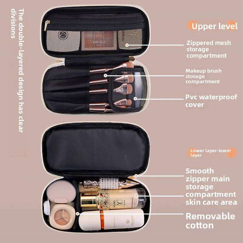 Large Capacity Double Layer PU Leather Makeup Bag Travel Cosmetic Organizer Toiletry Pouch for Beauty Essentials Women Y260206