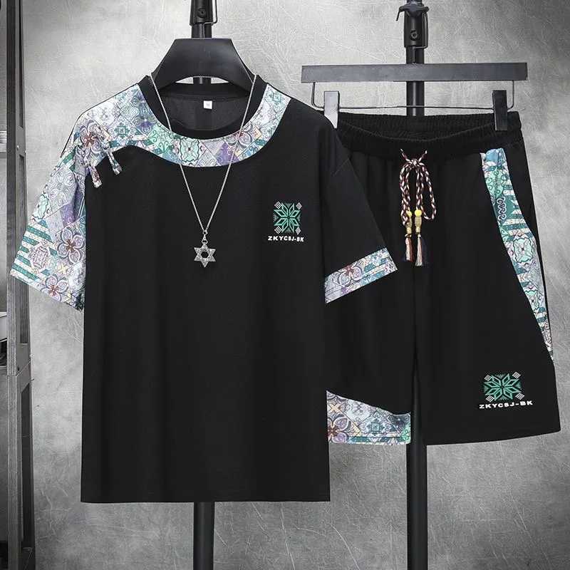 Summer New Fashion Trend Print Comfortable Breathable Short Slve Shorts Mens t shirt Casual Loose Sports Plus Size Two-Piece Set C260207
