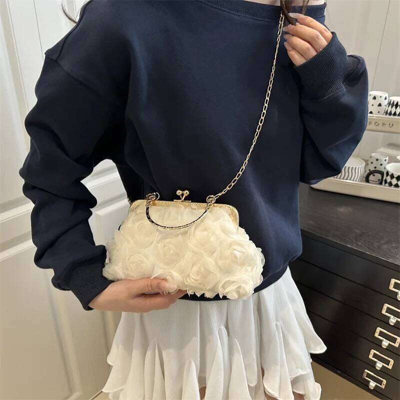 Chiffon Rose Flower Shoulder Evening Bags for Women Luxury Ladies Chain Crossbody Bag Solid Color Female Clutch Handbags Purse Y260205